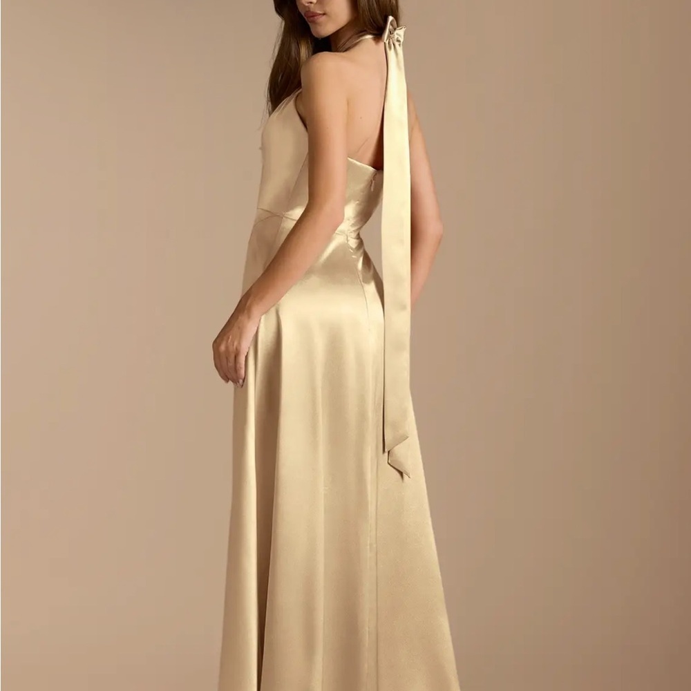 Azazie Gold A-Line Pleated Metallic Satin Dress - Picture 3 of 3